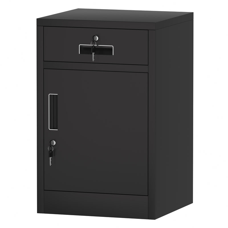 JINGUR Metal Storage Cabinet with Locking Door and Drawer, Black