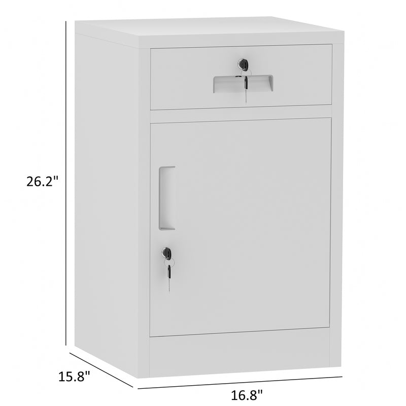 JINGUR Metal Storage Cabinet with Locking Door and Drawer, White