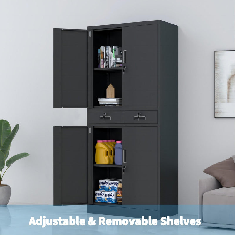 JINGUR Metal Storage Cabinet with Locking Doors and 2 Drawers, Black