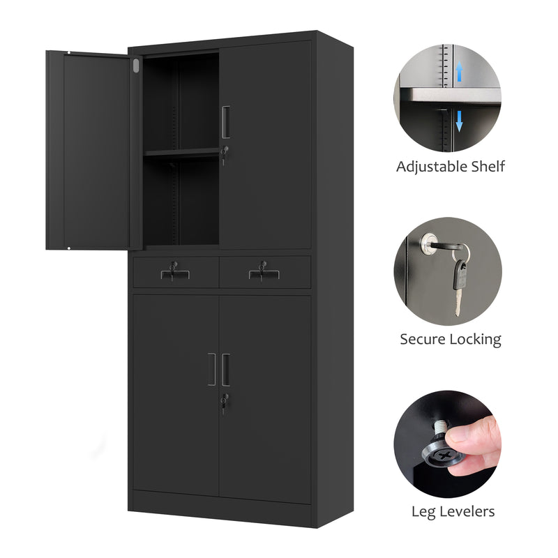 JINGUR Metal Storage Cabinet with Locking Doors and 2 Drawers, Black