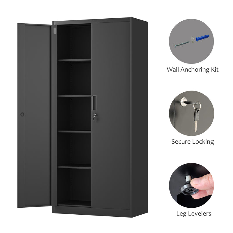 Metal Storage Cabinet with Locking Doors and 4 Adjustable Shelves, Black