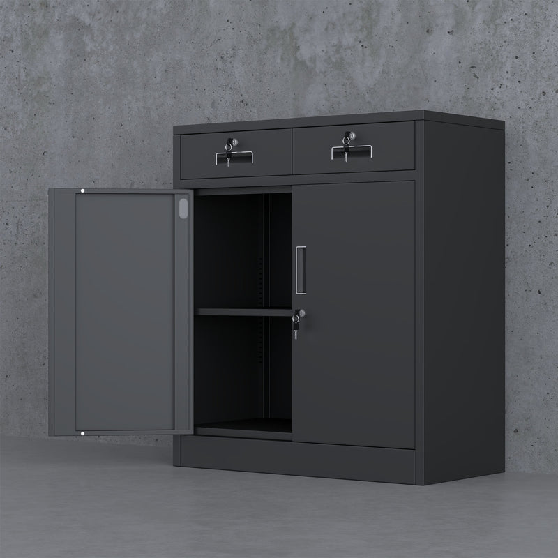 JINGUR Metal Storage Cabinet with Locking Doors and 2 Lockable Drawers, Black