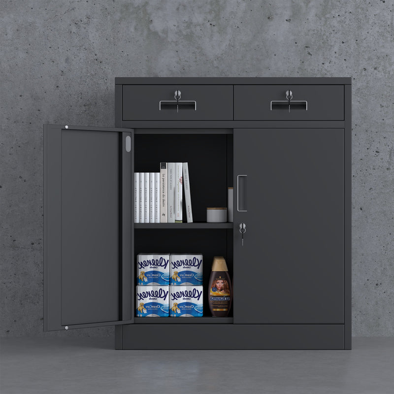 JINGUR Metal Storage Cabinet with Locking Doors and 2 Lockable Drawers, Black