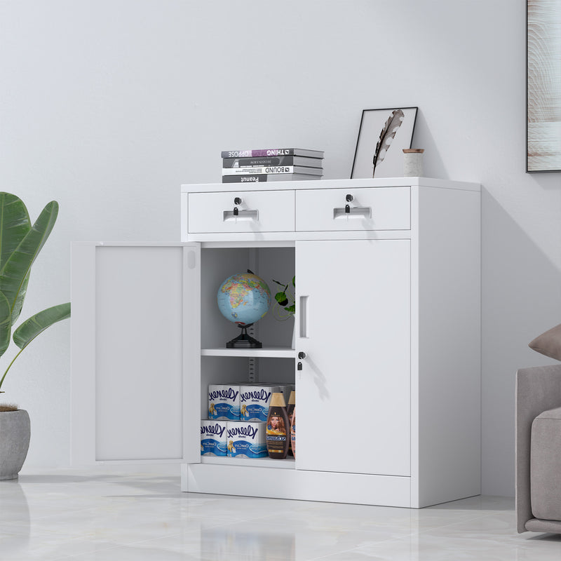 JINGUR Metal Storage Cabinet with Locking Doors and 2 Lockable Drawers, White