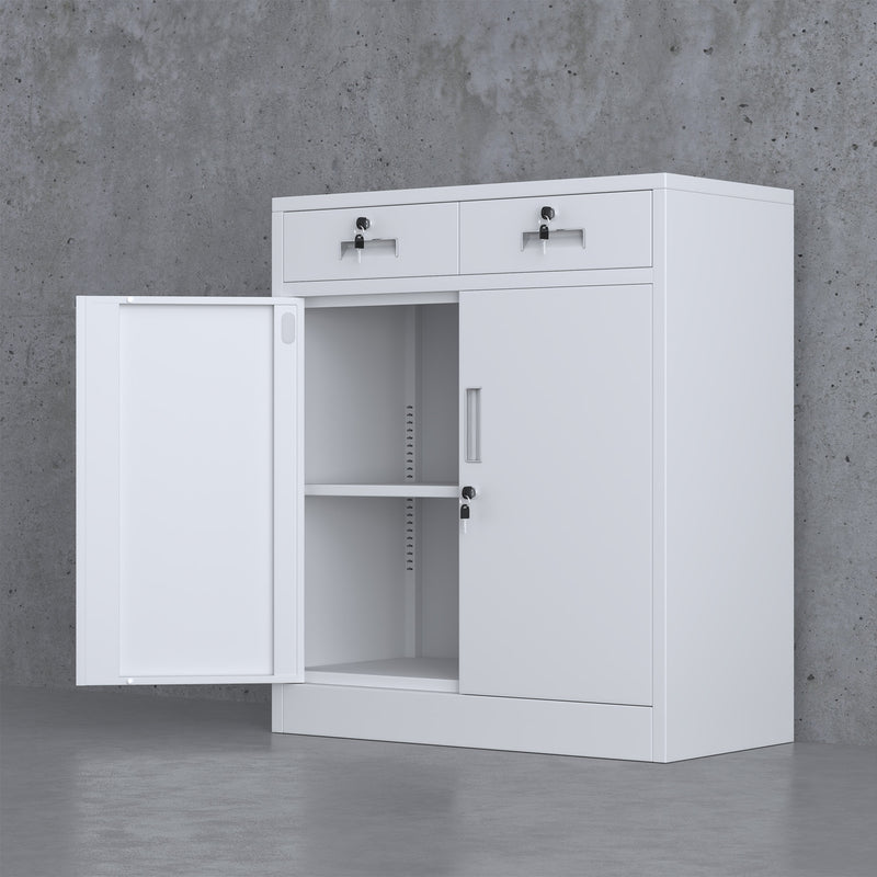 JINGUR Metal Storage Cabinet with Locking Doors and 2 Lockable Drawers, White