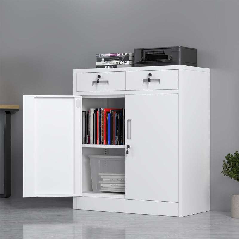 JINGUR Metal Storage Cabinet with Locking Doors and 2 Lockable Drawers, White